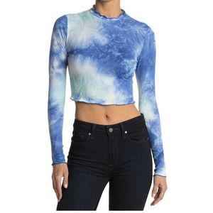 Abound Women's Tie-Dye Long Sleeve Lettuce Edge Crop Top In Blue/Green Size L